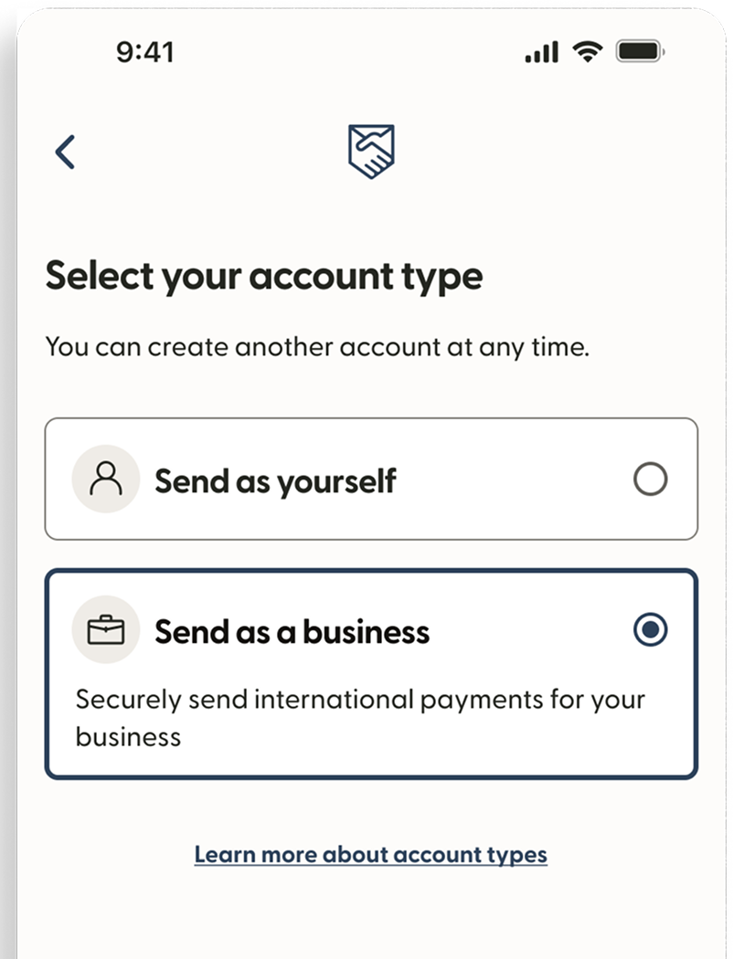 Remitly business account type screen